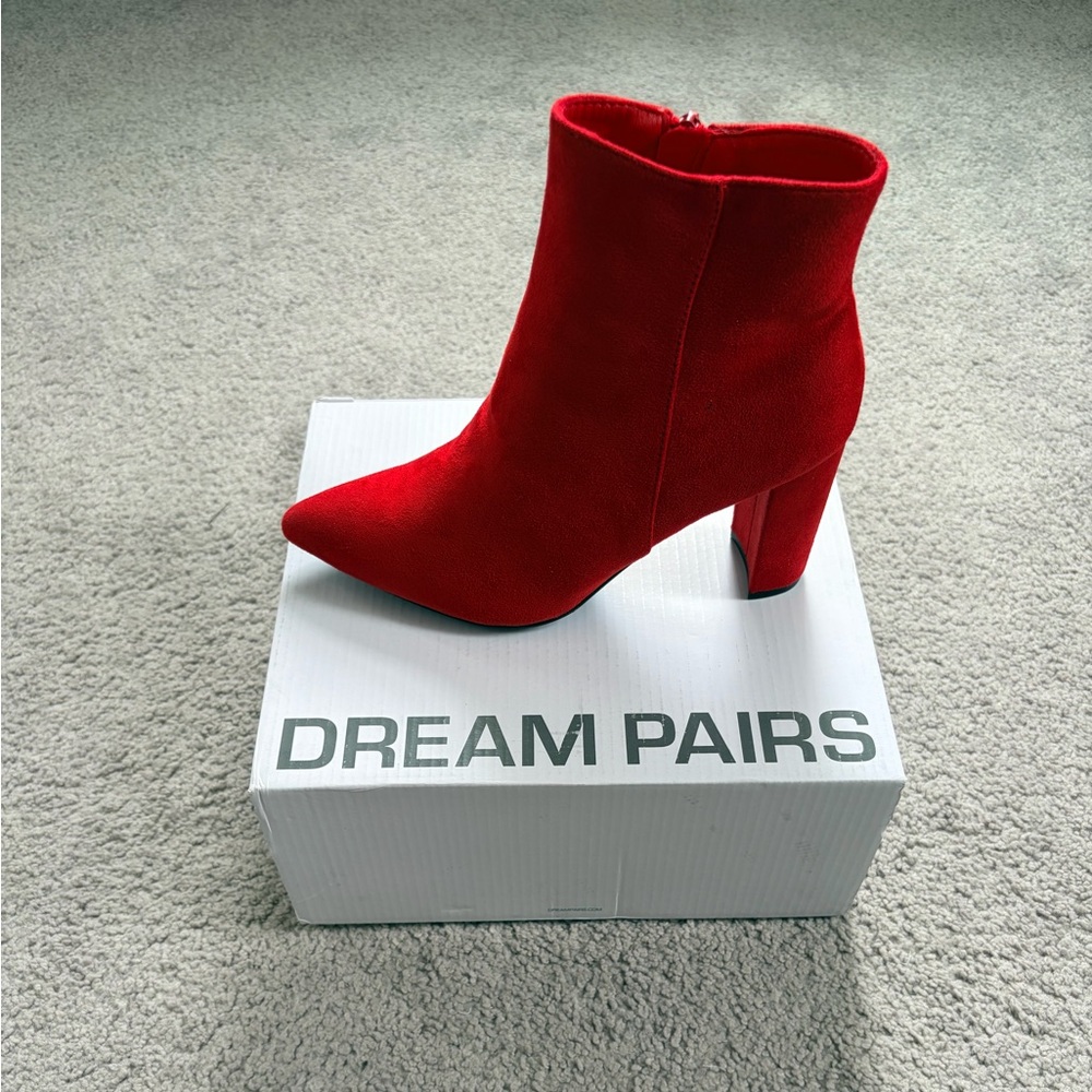 Dream Pairs Red Pointed Toe Chunky Heel Ankle Booties
